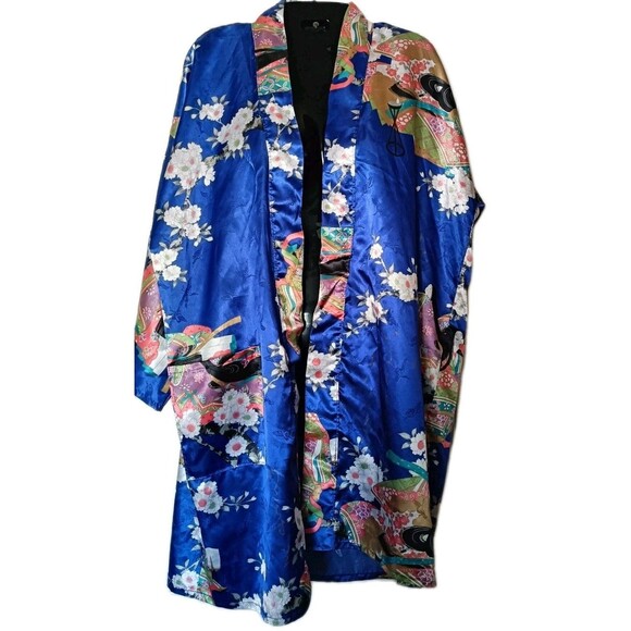 Vintage Jugemm Kimono Robe Woman One Size Made Japan BlueFloral Birds Oriental